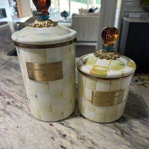 MacKenzie Childs Parchment Check Enamel Canister Amber Knob Set of 2